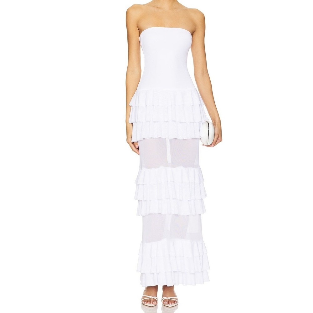 Revolve Superdown Lorenza White Strapless Tiered Ruffle Maxi Dress Fairy Sheer M